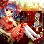  :o apron bad_id bad_pixiv_id bat_wings blue_hair blush boots braid closed_eyes fang hat highres instrument izayoi_sakuya jewelry looking_at_viewer maid maid_headdress mary_janes multiple_girls music okemai pantyhose playing_instrument red_eyes remilia_scarlet shoes short_hair silver_hair sitting stairs touhou twin_braids waist_apron white_legwear wings 