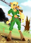  anthro anthrofied applejack_(mlp) belt blonde_hair breasts bullets clothing equine female freckles friendship_is_magic fur green_eyes gun hair hands heavy_weapon horse mammal mg_42 my_little_pony navel orange_fur outside pony ponytail ranged_weapon smile solo tree uniform weapon wehrmacht 