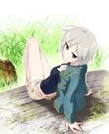  anastasia_(idolmaster) argon blue_eyes breasts butt_crack cleavage downblouse downpants idolmaster idolmaster_cinderella_girls jacket medium_breasts short_hair shorts silver_hair sitting smile solo 