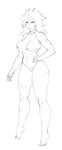  abs areolae bikini breasts bursting_breasts character_request choker greyscale hand_on_hip highleg highleg_bikini highleg_swimsuit highres huge_breasts lineart lips lm_(legoman) long_hair messy_hair monochrome muscle nipples scar sketch solo swimsuit tiptoes 