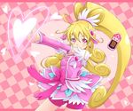  aida_mana bike_shorts blonde_hair blush bow checkered checkered_background cure_heart dokidoki!_precure earrings heart heart-shaped_pupils jewelry kannagi_kaname long_hair looking_at_viewer magical_girl pink_background pink_bow pink_eyes pink_sleeves ponytail precure smile solo symbol-shaped_pupils 