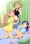  :d :o ;o ^_^ absurdres bare_legs barefoot blonde_hair blue_eyes blue_hair blush closed_eyes feet futon highres hinata_yukari ichii_yui legs lying midriff multiple_girls nonohara_yuzuko nyantype official_art on_side one_eye_closed open_mouth pajamas pink_hair shorts sleepy smile yellow_eyes yuri yuyushiki 