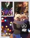  2018 5_fingers african_wild_dog anthro black_nose blonde_hair blue_eyes blush canine christmas clothed clothing comic couple_(disambiguation) digital_media_(artwork) dog duo ear_piercing eyewear female female/female fur girlfriend glasses hair hand_holding holidays hybrid kissing lukurio male male/male mammal penji piercing shiba_inu shy teal_eyes wolf yuki_kuroyaka 