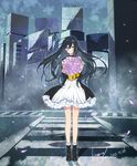  album_cover artist_name black_hair bouquet building cityscape cover crosswalk dated dress flower hair_between_eyes highres kurono_yuu long_hair original petals purple_eyes signature solo 