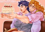  apron bad_id bad_pixiv_id birthday_cake blonde_hair blue_eyes blue_hair blush cake candle couch food happy_birthday jojo_no_kimyou_na_bouken jonathan_joestar long_hair manly multiple_boys nkraae phantom_blood robert_eo_speedwagon scar 