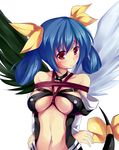  1girl arc_system_works arms_behind_back asymmetrical_wings bare_shoulders bdsm blue_hair blush bow breast_bondage breasts center_opening choker detached_sleeves dizzy guilty_gear hair_bow hair_rings highres large_breasts long_hair maullarmaullar navel red_eyes ribbon rope shibari solo tail tail_ribbon underboob wings 