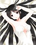  bad_id bad_pixiv_id bare_arms black_hair blush breasts cleavage haori_iori long_hair looking_at_viewer medium_breasts open_mouth original pink_eyes 