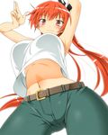  :3 belt blush breasts cuune_(nyaruko-san) haiyore!_nyaruko-san large_breasts long_hair looking_at_viewer midriff navel ponytail red_eyes red_hair simple_background smile solo white_background yuto_(dialique) 