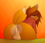  after_sex anus balls bent_over blue_eyes bottomless butt canine cum cum_in_ass cum_inside fox gay girly looking_at_viewer looking_back male onta open_mouth orange_fur presenting raised_tail solo 