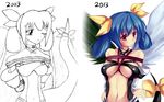  16:10 1girl 2003 2013 arc_system_works arms_behind_back asymmetrical_wings bare_shoulders bdsm before_and_after blue_hair blush bondage bound bow breast_bondage breasts center_opening choker comparison detached_sleeves dizzy guilty_gear hair_bow hair_rings large_breasts long_hair maullarmaullar navel poorly_drawn progress red_eyes ribbon rope shibari solo tail tail_ribbon underboob wings 