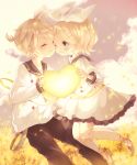  1boy 1girl ;&gt; ^_^ anniversary birthday blonde_hair blue_eyes blush bow brother_and_sister buttons cheek-to-cheek child closed_eyes coco_(hinatacoco) commentary dress eyes_closed field flower flower_field fluffy glowing_heart hair_bow hair_ornament hairclip highres holding kagamine_len kagamine_rin long_sleeves one_eye_closed pants pantyhose petals sailor_collar shoe_ribbon siblings smile twins vocaloid white_legwear yellow_flower 