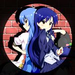  blouse blue_hair blush bow brick_wall crossover dress_shirt food frown fruit fueiku hand_on_hip hand_on_own_chest hat hat_removed headwear_removed hinanawi_tenshi holding holding_hat idolmaster idolmaster_(classic) jacket kisaragi_chihaya long_hair looking_back multiple_girls necktie peach red_eyes running_bond shadow shirt skirt smile spotlight touhou yellow_eyes 