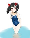 black_hair bow competition_school_swimsuit cowboy_shot hair_bow hand_on_own_chest highres himadarou long_hair love_live! love_live!_school_idol_project one-piece_swimsuit red_eyes school_swimsuit solo swimsuit twintails wading yazawa_nico 