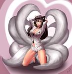  adjusting_hair ahri animal_ears arms_up bangs belly_peek black_hair breasts buttons cleavage cosplay crop_top facial_mark fox_ears fox_tail full_body generation_ahri girls'_generation goomrrat hair_between_eyes hat heart high_heels highres kneeling large_breasts league_of_legends legs_apart long_hair long_sleeves midriff military military_uniform naval_uniform navel open_eyes peaked_cap pocket shoes short_shorts shorts signature solo tail uniform whisker_markings yellow_eyes 