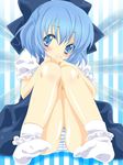  blue_dress blue_eyes blue_hair blue_panties blush bow cirno commentary dress hair_bow ice ice_wings knees_together_feet_apart looking_at_viewer moyashi_onna no_shoes panties puffy_sleeves shirt short_sleeves sitting socks solo striped striped_background striped_panties touhou underwear white_legwear wings 