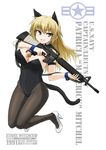  animal_ears assault_rifle bad_id bad_pixiv_id black_legwear blonde_hair breasts bunny_girl bunnysuit cat_ears cat_tail character_name character_portrait character_sheet cleavage copyright_name covered_navel dakku_(ogitsune) emblem fang green_eyes gun high_heels kittysuit large_breasts leotard liberion long_hair looking_at_viewer m16a2 medal navy_cross open_mouth original pantyhose patricia_mitchell rifle shoes smile solo strike_witches_1991 tail trigger_discipline weapon world_witches_series wrist_cuffs 