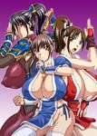  3girls anglachel armor black_hair bodysuit breasts brown_hair cleavage crossover curvy dead_or_alive erect_nipples fatal_fury hips huge_breasts kasumi kasumi_(doa) king_of_fighters lingerie long_hair mound_of_venus multiple_girls natsuru_(anglachel) ninja nipples shiny shiny_skin shiranui_mai sideboob soul_calibur soulcalibur_iv taki taki_(soulcalibur) tecmo underwear white_legwear 