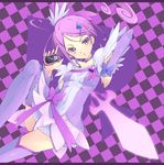  boots bow checkered checkered_background choker cure_sword dokidoki!_precure hair_ornament heart heart_hair_ornament kannagi_kaname kenzaki_makoto lavender_hair magical_girl ponytail precure purple purple_background purple_choker purple_eyes purple_footwear purple_skirt skirt solo spade_hair_ornament thighhighs 