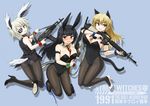  ahoge aks-74 animal_ears ass assault_rifle bad_id bad_pixiv_id battle_rifle between_breasts black_hair black_legwear blonde_hair blush breasts bunny_ears bunny_girl bunnysuit cat_ears cat_tail cleavage copyright_name covered_navel dakku_(ogitsune) detached_collar eyepatch fang green_eyes gun high_heels houjou_mishizu howa_type_64 kittysuit large_breasts liliya_alexeyevna_starikova long_hair looking_at_viewer looking_back m16a2 medal multiple_girls necktie necktie_between_breasts open_mouth original pantyhose patricia_mitchell purple_eyes rifle shoes silver_hair smile stencil_lettering strike_witches_1991 tail trigger_discipline weapon world_witches_series wrist_cuffs 