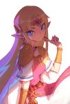  blonde_hair blue_eyes breasts dress earrings finger_to_chin highres jewelry liyart long_hair looking_at_viewer necklace nintendo pink_dress pointy_ears princess_zelda super_smash_bros. super_smash_bros._ultimate the_legend_of_zelda 