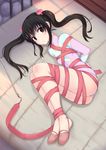  bdsm black_hair bondage bound brown_eyes commentary_request coupe50 gymnast_leotard gymnastics half-soles leotard long_hair photokano pink_leotard red_ribbon rhythmic_gymnastics ribbon ribbon_bondage sakura_mai_(photokano) solo twintails 