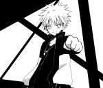  &gt;:) 1boy anzu_(o6v6o) clenched_hand greyscale jacket jewelry long_sleeves looking_at_viewer male_focus monochrome naruto_(series) outstretched_arm pendant shirt solo spiked_hair upper_body uzumaki_naruto v-shaped_eyebrows whisker_markings 