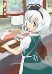  apron blue_eyes carrot curtains cutting_board daikon excel_(shena) food from_behind hair_ribbon kitchen_knife konpaku_youmu konpaku_youmu_(ghost) ladle looking_at_viewer looking_back meat note ribbon short_hair short_sleeves sink skirt skirt_set solo spatula spring_onion tile_wall tiles touhou towel towel_rack white_hair window 