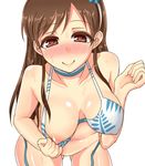  blush bottomless breast_slip breasts brown_eyes brown_hair cleavage headband heart heart-shaped_pupils idolmaster idolmaster_cinderella_girls kagami_yuu large_breasts leaning_forward long_hair nipples nitta_minami one_breast_out smile solo sweat symbol-shaped_pupils venus_syndrome 