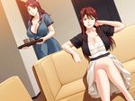  2girls breasts brown_hair cleavage couch cup door dress game_cg green_eyes highres huge_breasts legs_crossed long_hair looking_at_viewer mole momiji_kei multiple_girls porno_sakka_mayuka_to_injuku_miboujin_to_katabutsu_henshuusha_to_ubu_gishi sitting skirt smile sofa standing 