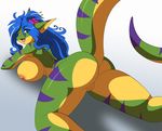  anthro areola assertive big_breasts blue_hair breasts butt chalo edit female gecko geecku green_body hair hi_res las_lindas lizard looking_at_viewer lying nipples non-mammal_breasts nude on_front plain_background pose pussy reptile scalie smile solo yellow_body yellow_eyes 