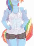  anthro anthrofied blush breasts camel_toe clothed clothing cutie_mark equine female flat_chested friendship_is_magic hair horse lonelycross mammal multi-colored_hair my_little_pony navel nipples pegasus plain_background pony rainbow_dash_(mlp) rainbow_hair shirt shorts small_breasts solo torso_shot translucent transparent_clothing wet wings 