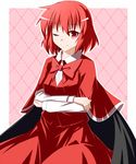  bow bowtie cape checkered checkered_background crossed_arms long_sleeves looking_at_viewer okazaki_yumemi one_eye_closed pink_background red_eyes red_hair short_hair sitting skirt skirt_set smile solo ten203159 touhou touhou_(pc-98) 