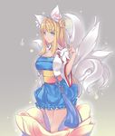  animal_ears aqua_eyes bad_id bad_pixiv_id blonde_hair breasts cleavage faefaea fox_ears fox_tail grey_background hair_bun highres large_breasts long_hair multiple_tails original simple_background smile solo tail wide_sleeves 