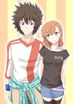  1girl black_hair blue_eyes brown_eyes brown_hair casual clothes_around_waist highres jacket_around_waist kamijou_touma kurogane_(blackxsilver) misaka_mikoto short_hair spiked_hair thighhighs to_aru_kagaku_no_railgun to_aru_majutsu_no_index 