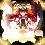  bad_id bad_pixiv_id blazblue blue_eyes book cape feathers gloves hair_tubes hat jerun long_hair open_book red_hair solo tsubaki_yayoi uniform 