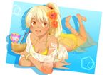  anklet barefoot bikini blonde_hair bracelet breasts cleavage coffee cup dark_skin drink earrings flower full_body hair_flower hair_ornament hibiscus jewelry long_hair lying medium_breasts on_stomach orange_eyes orchid personification ponytail sarong see-through shirt smile solo swimsuit t-shirt tokino_mitsuru translucent_sarong yellow_bikini yellow_sarong yukico-tan yukijirushi 