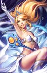  bird blonde_hair blue_eyes breasts gloves janna_windforce justduet league_of_legends long_hair medium_breasts midriff pointy_ears solo staff 