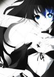  bad_id bad_pixiv_id bikini_top black_hair black_rock_shooter black_rock_shooter_(character) blue_eyes breasts choker faefaea glowing glowing_eye long_hair looking_at_viewer medium_breasts solo 