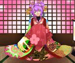  amane_nishiki androgynous bad_id bad_pixiv_id blazblue blue_eyes eyeshadow hair_ornament japanese_clothes jerun kimono layered_clothing layered_kimono makeup male_focus oiran otoko_no_ko purple_hair sitting smile solo tatami 