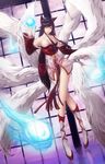  ahri animal_ears bare_shoulders breasts bryan_song cleavage detached_sleeves facial_mark fox_ears fox_tail highres impossible_clothes korean_clothes large_breasts league_of_legends long_hair low_neckline magic md5_mismatch multiple_tails tail whisker_markings yellow_eyes 
