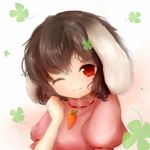  ;3 amanojaku animal_ears bad_id bad_pixiv_id black_hair blouse bunny_ears carrot clenched_hand clover four-leaf_clover gradient gradient_background highres inaba_tewi jewelry light_smile looking_at_viewer one_eye_closed pendant puffy_short_sleeves puffy_sleeves red_eyes short_hair short_sleeves simple_background solo touhou upper_body 