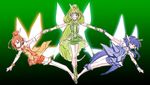  aoki_reika blue_skirt blush choker closed_eyes cure_beauty cure_march cure_sunny green_choker green_hair green_shorts green_skirt hino_akane_(smile_precure!) holding_hands long_hair magical_girl midorikawa_nao multiple_girls one_eye_closed open_mouth orange_shorts precure shorts shorts_under_skirt skirt smile smile_precure! tima very_long_hair 