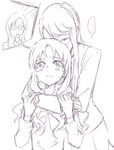  3girls bad_id bad_pixiv_id blush closed_eyes glasses heartcatch_precure! hug hug_from_behind jealous kurumi_erika kurumi_momoka long_hair monochrome multiple_girls negom precure school_uniform sketch spoken_ellipsis tsukikage_yuri yuri 