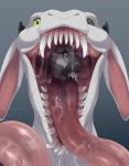  2018 ambiguous_gender dragon duo green_eyes horn living_plush long_tongue mouth_shot nummynumz open_mouth oral_vore plushie purple_eyes saliva sharp_teeth simple_background slit_pupils smile teeth tongue vore 