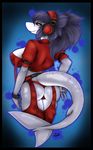  anthro big_breasts black_hair breasts butt clothed clothing female fish gray_body grey_body hair headphones looking_at_viewer marine pinup pose shark skimpy smile solo squidpuke white_eyes xaenyth_(character) 