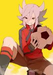  ball clenched_teeth gloves goalkeeper inazuma_eleven_(series) inazuma_eleven_go male_focus miyabino_reiichi one_knee soccer_ball soccer_uniform solo sportswear teeth teikoku telstar tokio_neo 