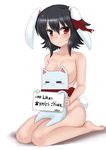  animal_ears barefoot black_hair blush bunny_ears bunny_tail cat highres holding holding_sign mint_(cerbi) nude original red_eyes shadow short_hair sign simple_background sitting solo tail 