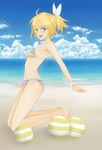  ball beach beachball bikini blonde_hair blue_eyes day kagamine_rin mono_(shootingstar-hitomi) outdoors ponytail project_diva_(series) project_diva_f short_hair solo striped striped_bikini summer_idol_(vocaloid) swimsuit swimwear_(module) vocaloid 