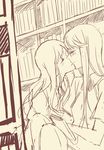  blush book closed_eyes couple glasses heartcatch_precure! kiss kurumi_momoka library long_hair monochrome multiple_girls negom precure school_uniform sketch tsukikage_yuri yuri 