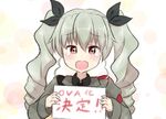  anchovy announcement_celebration anzio_military_uniform black_shirt blush dress_shirt drill_hair girls_und_panzer grey_jacket hair_ribbon happy happy_tears holding holding_sign jacket long_hair long_sleeves military military_uniform necktie purple_eyes ribbon shirt shoulder_belt sign smile solo taichou_kobun tears translated twin_drills twintails uniform 